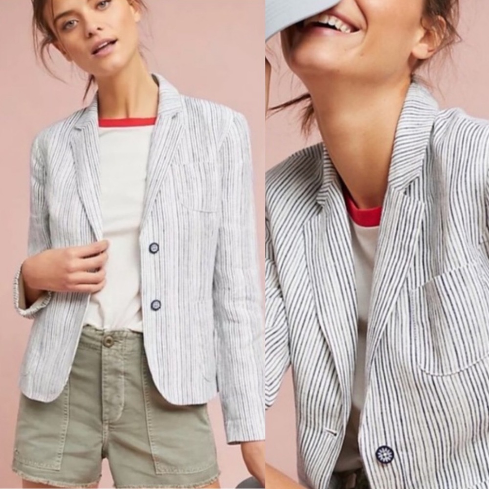 Anthropologie Striped Linen Blazer in White and Navy